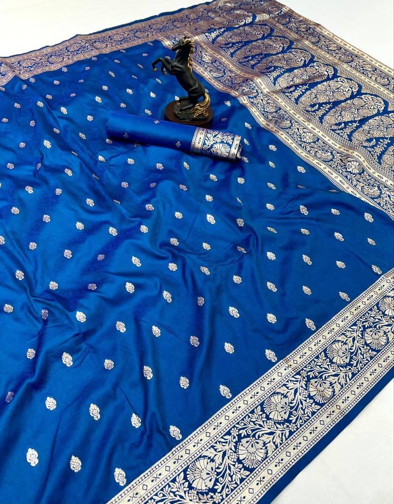 Teal banarasi silk saree with self weaving design & rich zari pallu