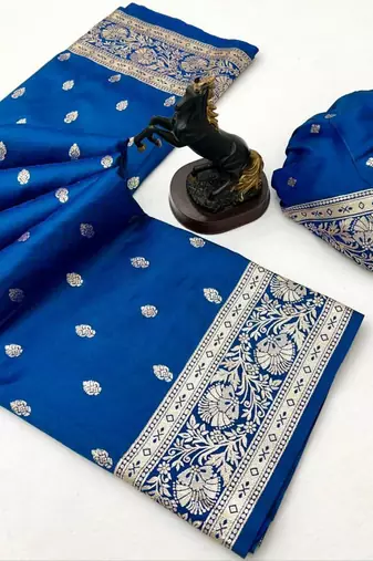 Teal banarasi silk saree with self weaving design & rich zari pallu