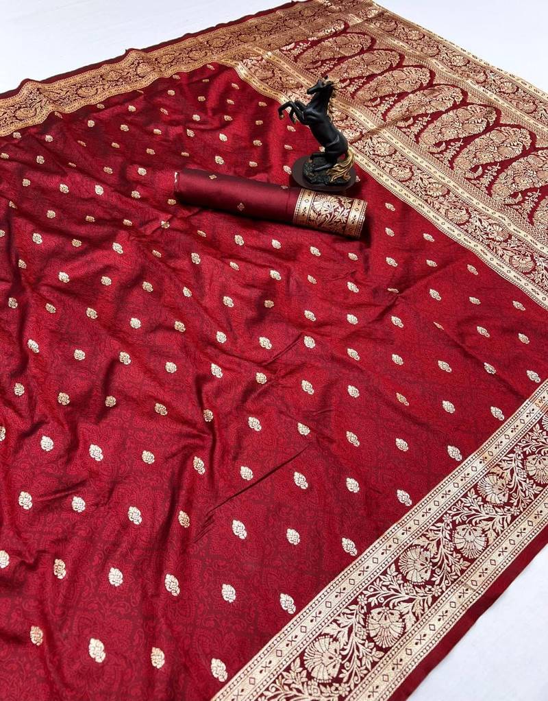 Red banarasi silk saree with self weaving design & rich zari pallu
