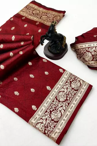 Red banarasi silk saree with self weaving design & rich zari pallu