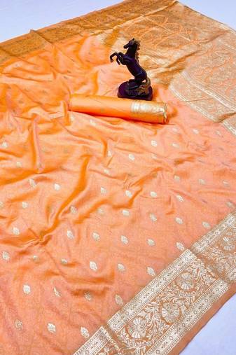 Peach banarasi silk saree with self weaving design & rich zari pallu