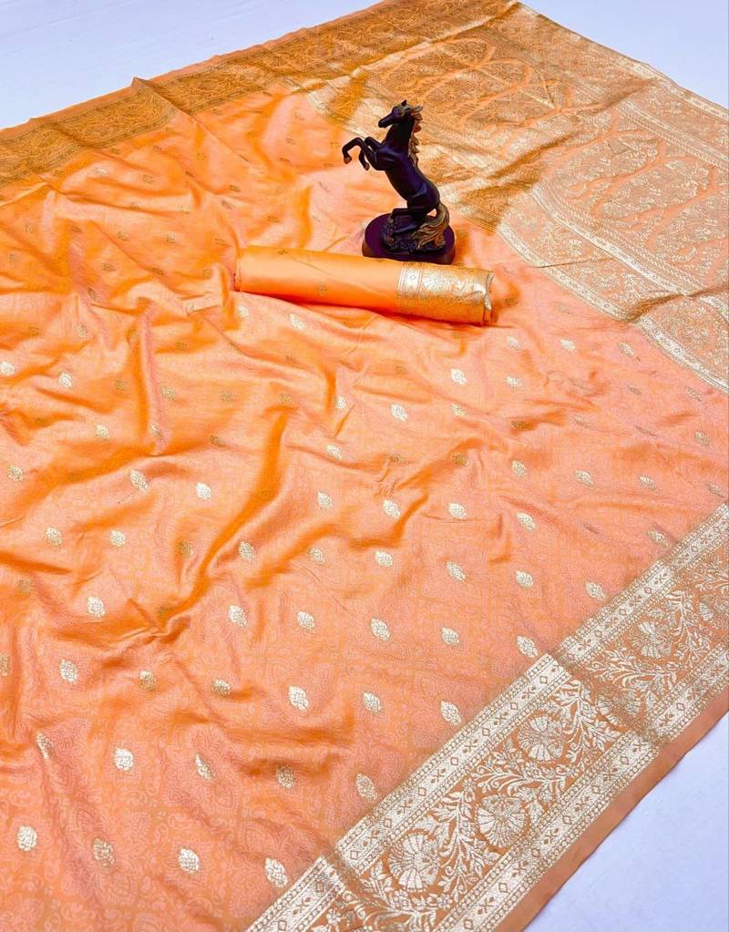 Peach banarasi silk saree with self weaving design & rich zari pallu