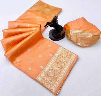 Peach banarasi silk saree with self weaving design & rich zari pallu 2
