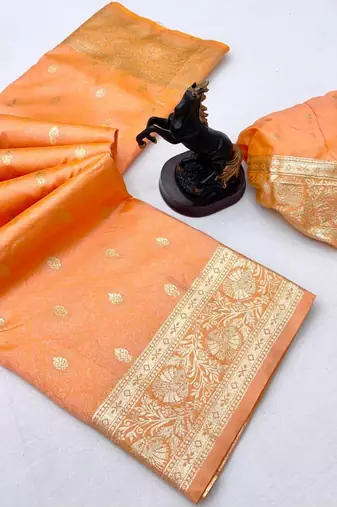 Peach banarasi silk saree with self weaving design & rich zari pallu