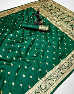 Green banarasi silk saree with self weaving design & rich zari pallu 1