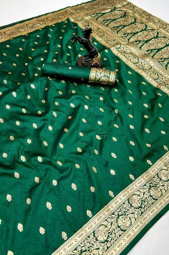 Green banarasi silk saree with self weaving design & rich zari pallu