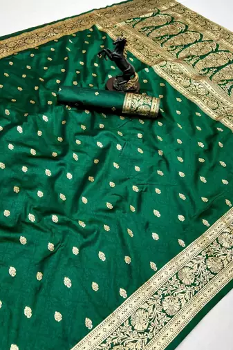 Green banarasi silk saree with self weaving design & rich zari pallu