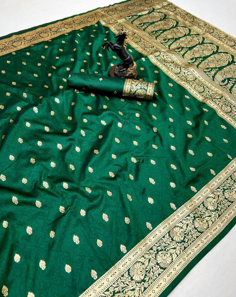 Green banarasi silk saree with self weaving design & rich zari pallu