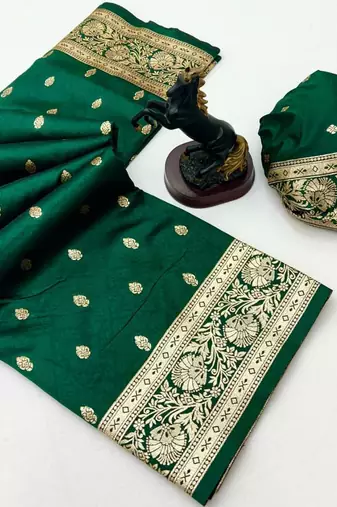 Green banarasi silk saree with self weaving design & rich zari pallu