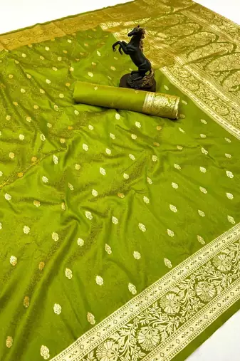 Parrot green banarasi silk saree with self weaving design & rich zari pallu