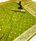 Parrot green banarasi silk saree with self weaving design & rich zari pallu