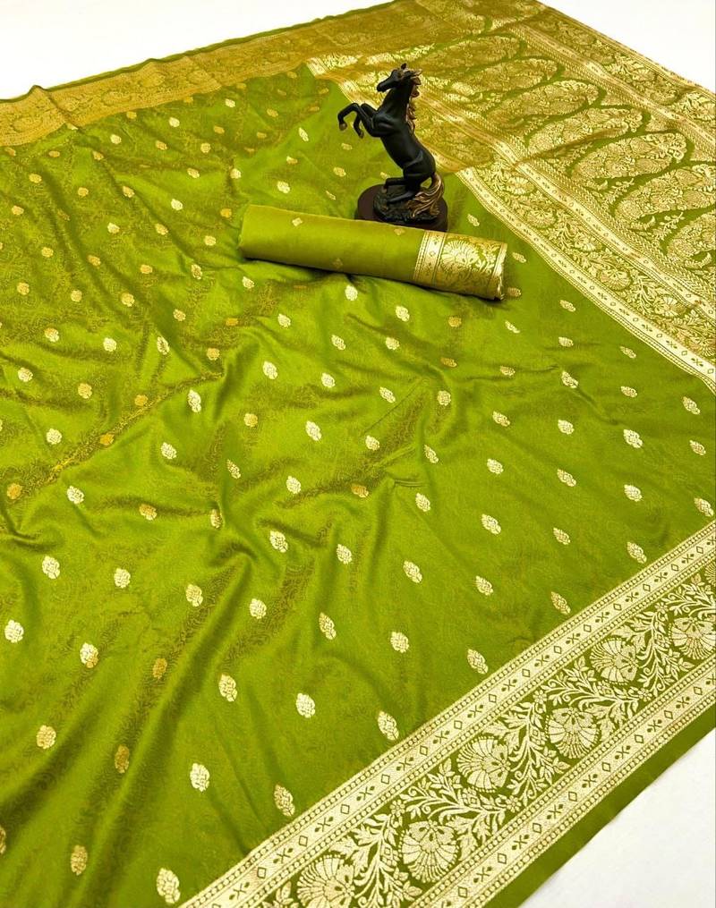 Parrot green banarasi silk saree with self weaving design & rich zari pallu