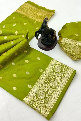 Parrot green banarasi silk saree with self weaving design & rich zari pallu