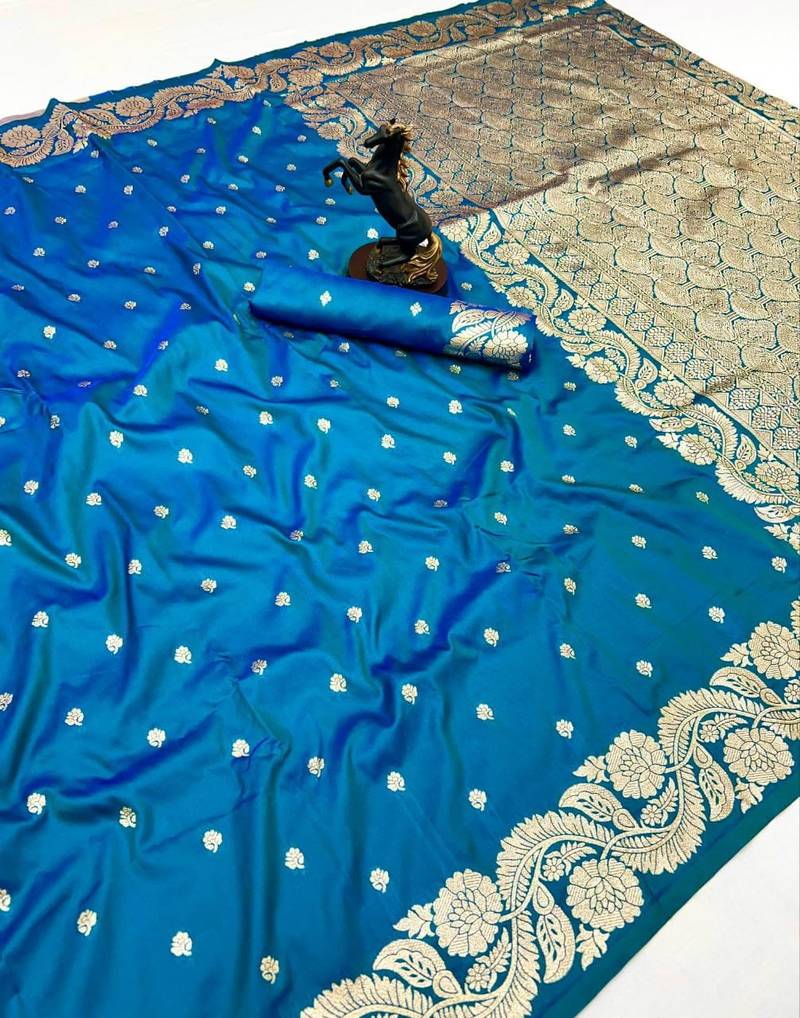 Sky blue paithani banarasi silk saree with zari weaving & rich pallu