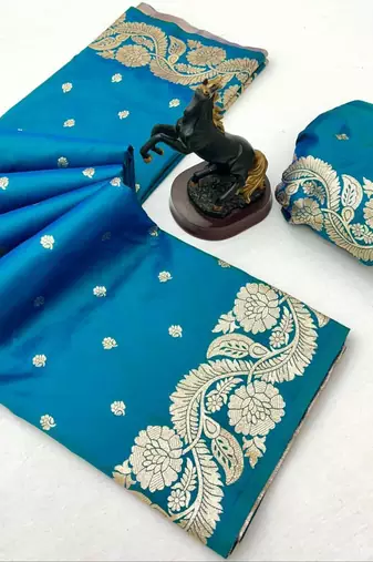 Sky blue paithani banarasi silk saree with zari weaving & rich pallu
