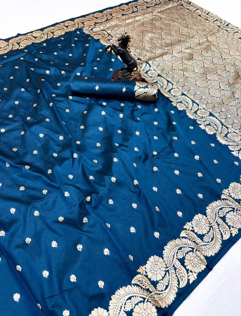 Teal paithani banarasi silk saree with zari weaving & rich pallu