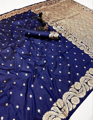 Navy blue paithani banarasi silk saree with zari weaving & rich pallu 1
