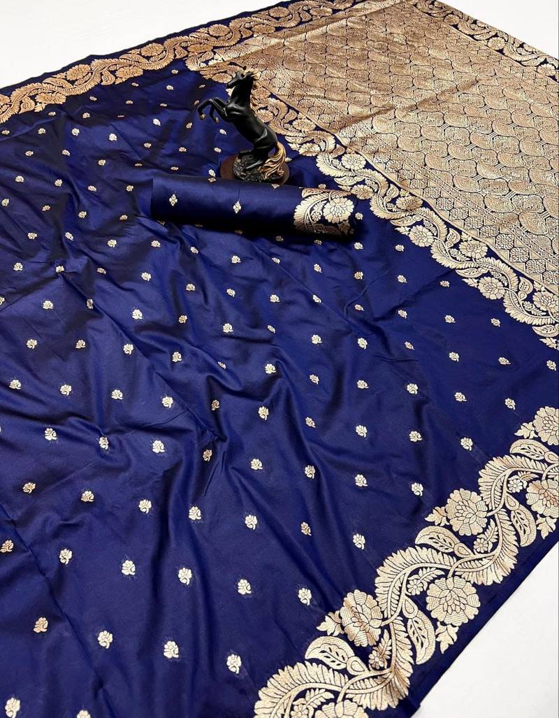 Navy blue paithani banarasi silk saree with zari weaving & rich pallu