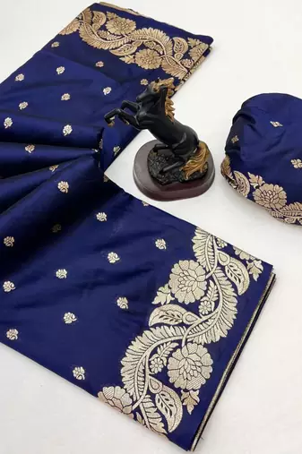 Navy blue paithani banarasi silk saree with zari weaving & rich pallu