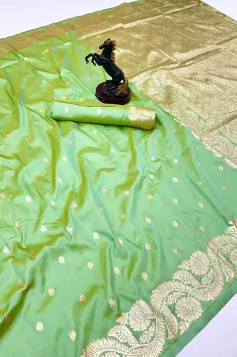 Light green paithani banarasi silk saree with zari weaving & rich pallu