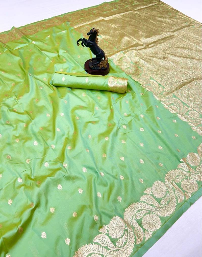 Light green paithani banarasi silk saree with zari weaving & rich pallu