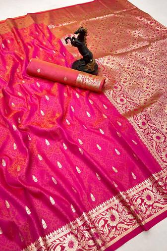 Hot pink banarasi silk saree with embossed weaving design