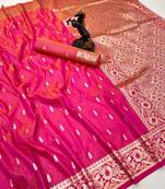 Hot pink banarasi silk saree with embossed weaving design