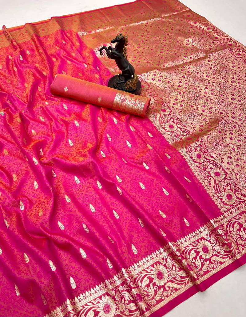 Hot pink banarasi silk saree with embossed weaving design