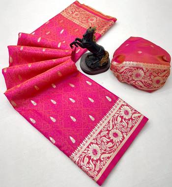 Hot pink banarasi silk saree with embossed weaving design 2