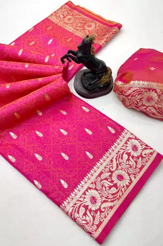Hot pink banarasi silk saree with embossed weaving design
