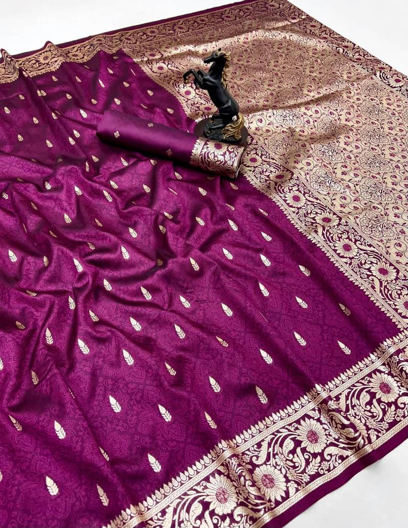 Wine banarasi silk saree with embossed weaving design