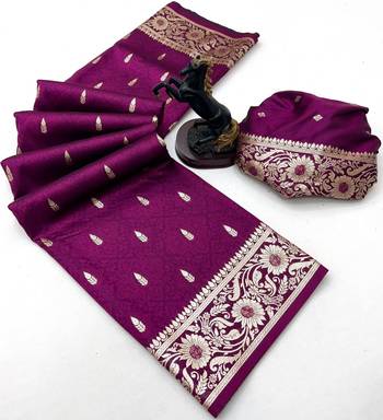 Wine banarasi silk saree with embossed weaving design 2