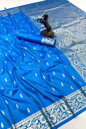 Sky blue banarasi silk saree with embossed weaving design