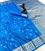 Sky blue banarasi silk saree with embossed weaving design