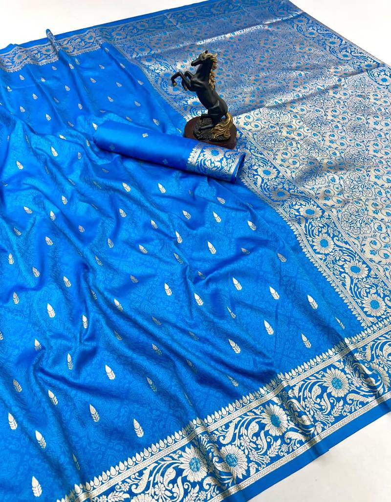 Sky blue banarasi silk saree with embossed weaving design