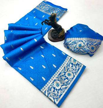 Sky blue banarasi silk saree with embossed weaving design 2