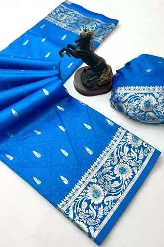 Sky blue banarasi silk saree with embossed weaving design