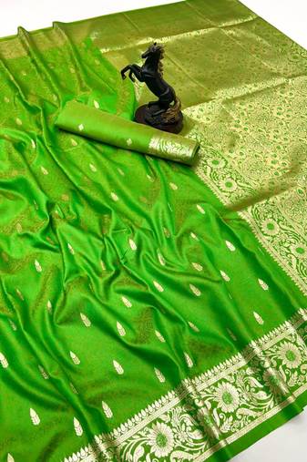 Parrot green banarasi silk saree with embossed weaving design