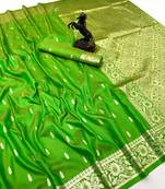 Parrot green banarasi silk saree with embossed weaving design