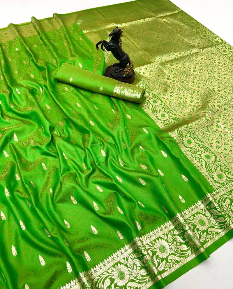 Parrot green banarasi silk saree with embossed weaving design