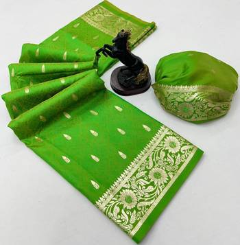 Parrot green banarasi silk saree with embossed weaving design 2