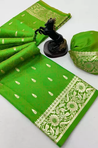 Parrot green banarasi silk saree with embossed weaving design