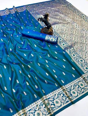 Teal banarasi silk saree with embossed weaving design 1