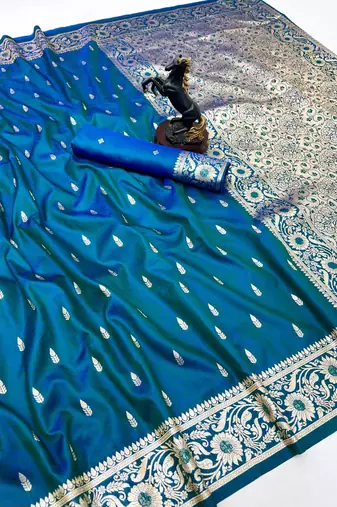 Teal banarasi silk saree with embossed weaving design