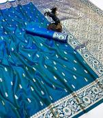 Teal banarasi silk saree with embossed weaving design
