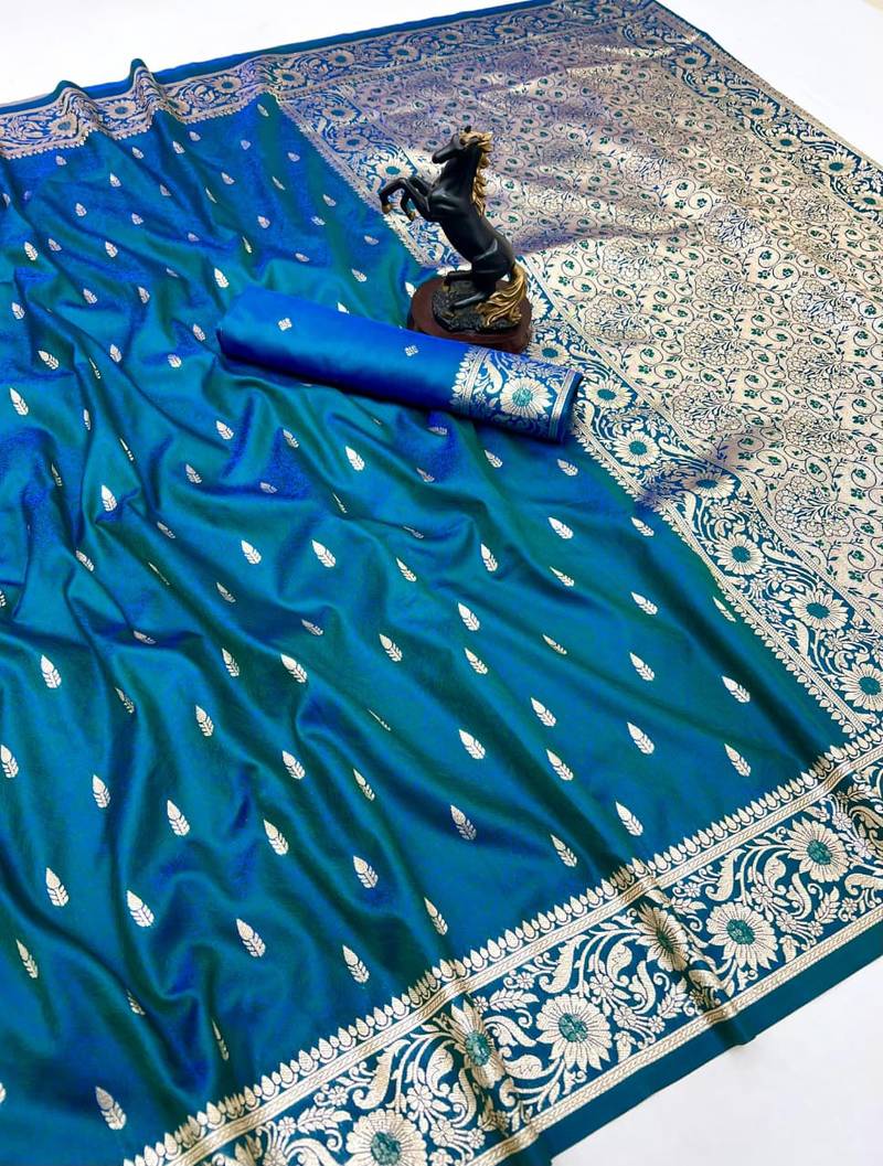 Teal banarasi silk saree with embossed weaving design