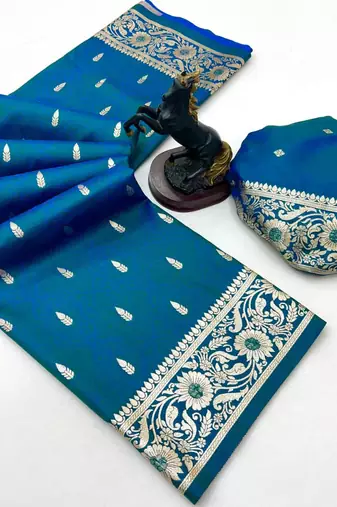 Teal banarasi silk saree with embossed weaving design