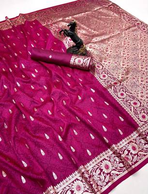 Pink banarasi silk saree with embossed weaving design 1