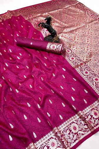 Pink banarasi silk saree with embossed weaving design