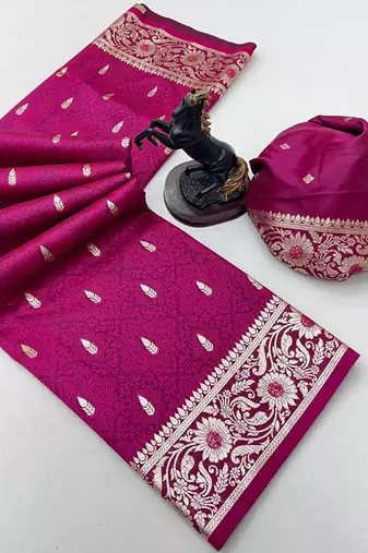 Pink banarasi silk saree with embossed weaving design